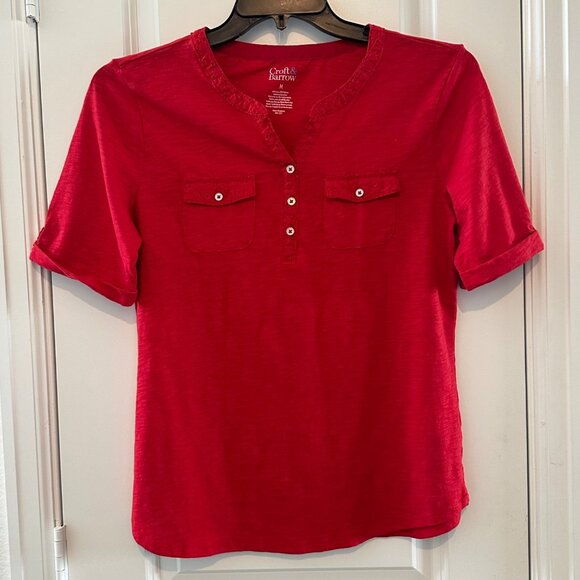 Croft & Barrow Red Henley Short Sleeve Top With Button Details & Lace Accents Si - Picture 1 of 6
